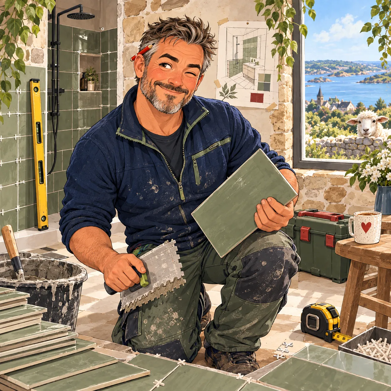 Illustration de Pierre sur un chantier de salle de bain