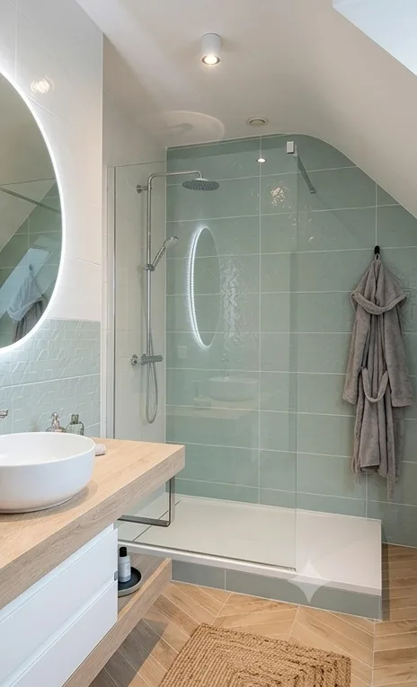 Salle de bain rénovée par HTC SARL autour de Lannion avec douche vitrée et meuble vasque