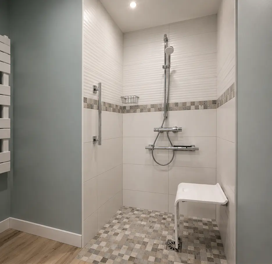 Salle de bain adaptée avec douche de plain-pied et siège