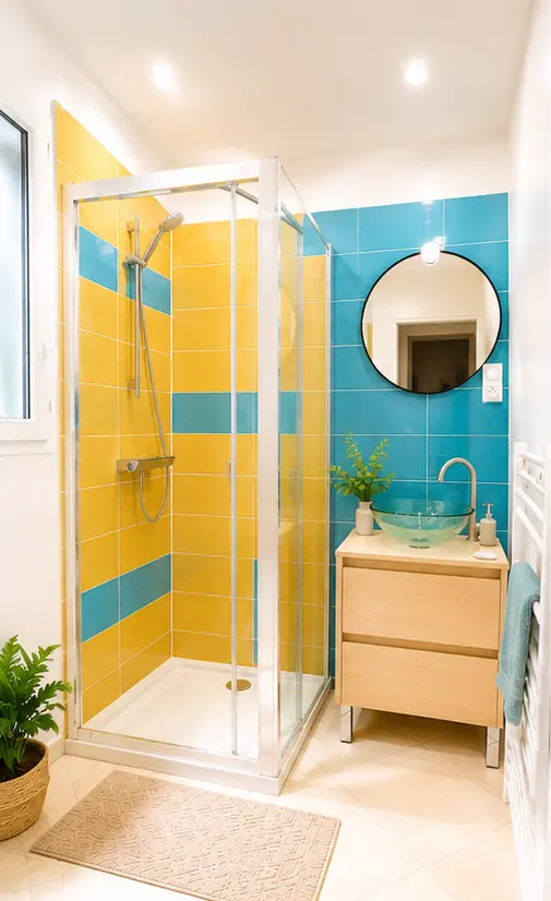 Salle de bain lumineuse aux tons bleu lagon et jaune