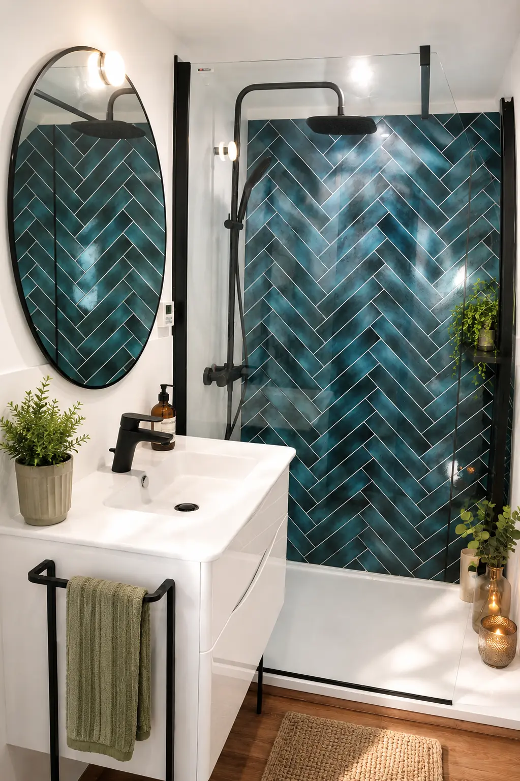 Salle de bain contemporaine avec carrelage bleu pétrole en chevrons