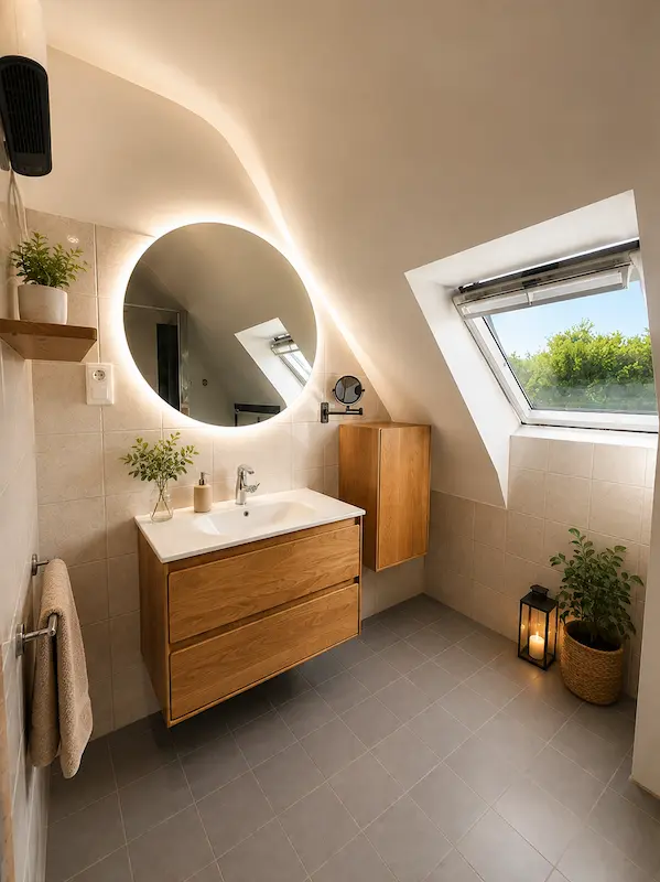 Salle de bain de caractère sous les rampants réalisée à Louannec