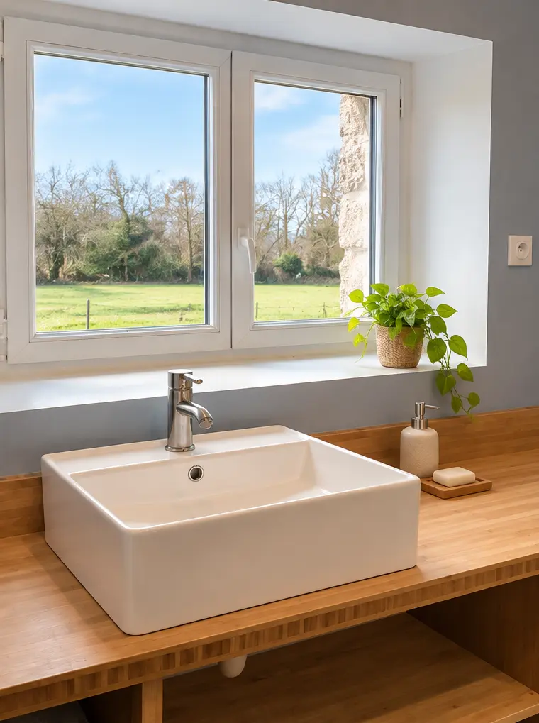 Salle de bain avec vue sur la campagne réalisée à Ploubezre
