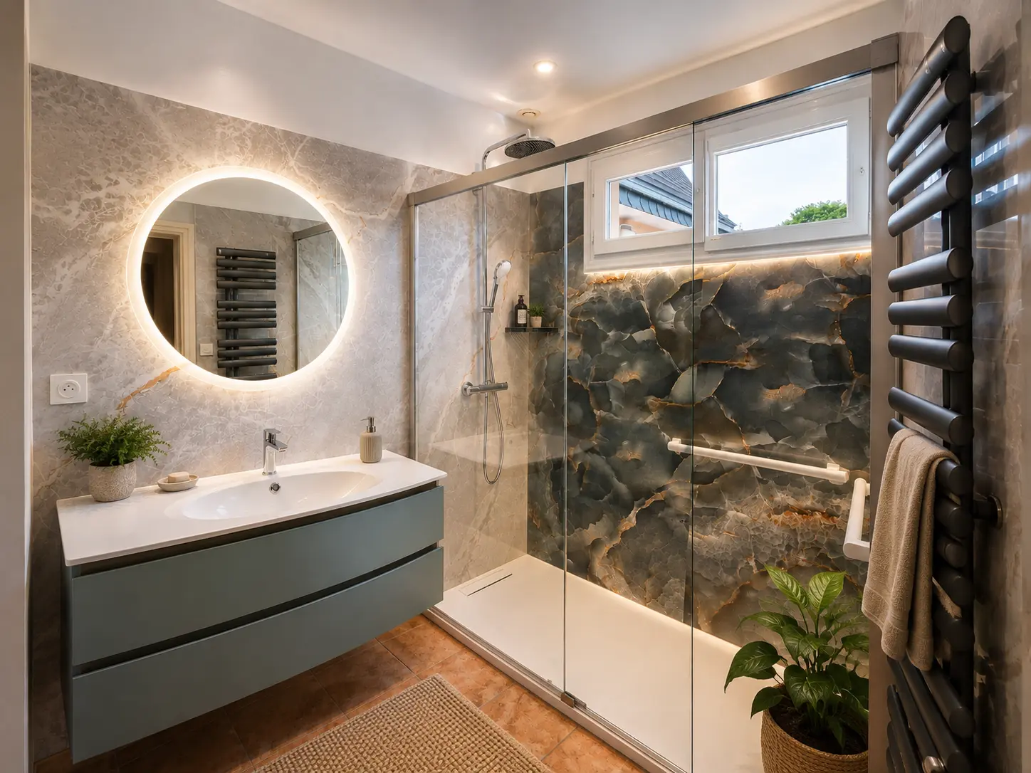 Salle de bain design et minérale réalisée au Yaudet